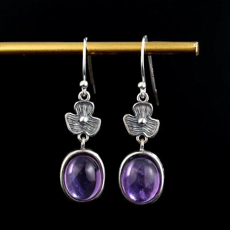 Vintage Amethyst Drop Earrings 925 Sterling Silver Flower Shape