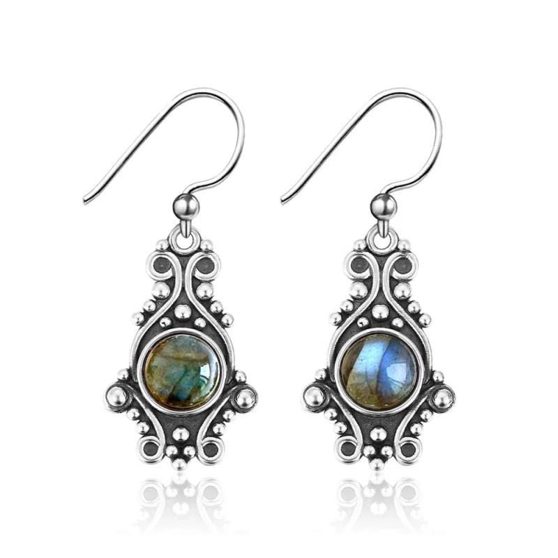 Sterling Silver Labradorite Drop Earrings Vintage Style Ethnic Jewelry