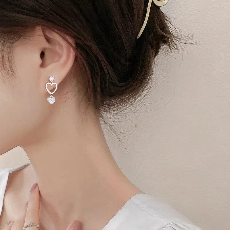 925 Sterling Silver Love Tassel Asymmetric Micro-inlaid Earrings