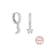 Star Moon Drop Earrings 925 Sterling Silver Piercing Stud Zircon Stone