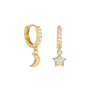 Star Moon Drop Earrings 925 Sterling Silver Piercing Stud Zircon Stone