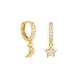 Star Moon Drop Earrings 925 Sterling Silver Piercing Stud Zircon Stone