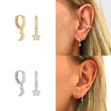 Star Moon Drop Earrings 925 Sterling Silver Piercing Stud Zircon Stone