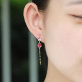 S925 Sterling Silver Ruby Inlaid Pendant Tassel Earrings