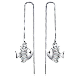 925 Silver Tassel Crystal Fish Drop Earrings for Women Wedding Party