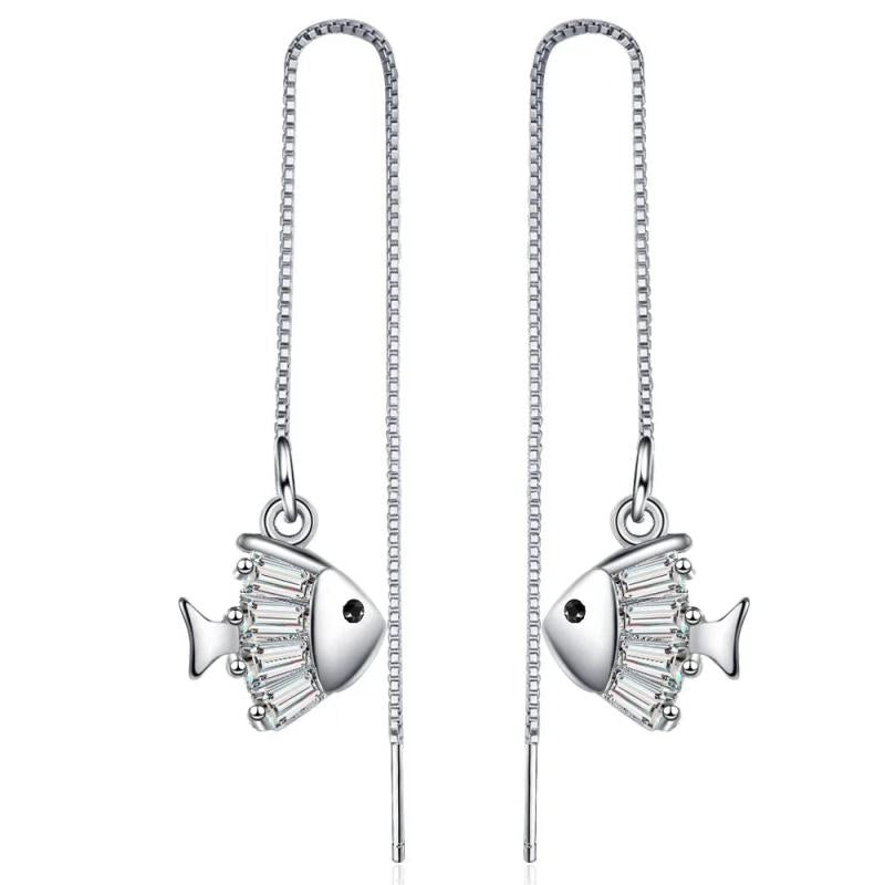 925 Silver Tassel Crystal Fish Drop Earrings for Women Wedding Party