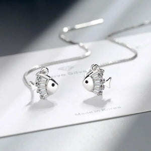 925 Silver Tassel Crystal Fish Drop Earrings for Women Wedding Party