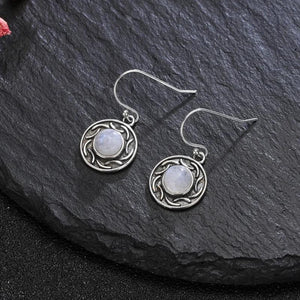Moonstone Sandstone Round 6MM Drop Earrings 925 Silver Vintage Jewelry