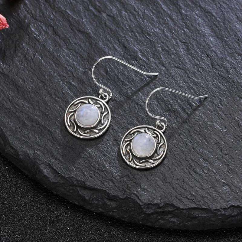 Moonstone Sandstone Round 6MM Drop Earrings 925 Silver Vintage Jewelry
