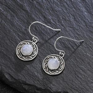 Moonstone Sandstone Round 6MM Drop Earrings 925 Silver Vintage Jewelry