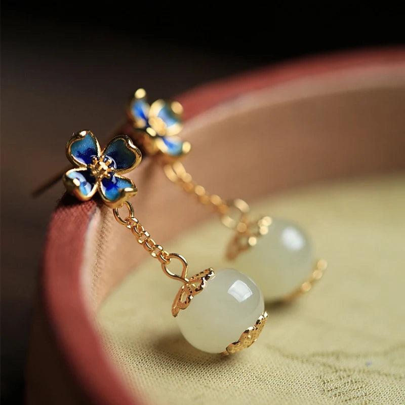 Hotan Jade enamel flowers earrings for women