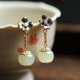 Hotan Jade enamel flowers earrings for women