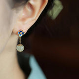 Hotan Jade enamel flowers earrings for women