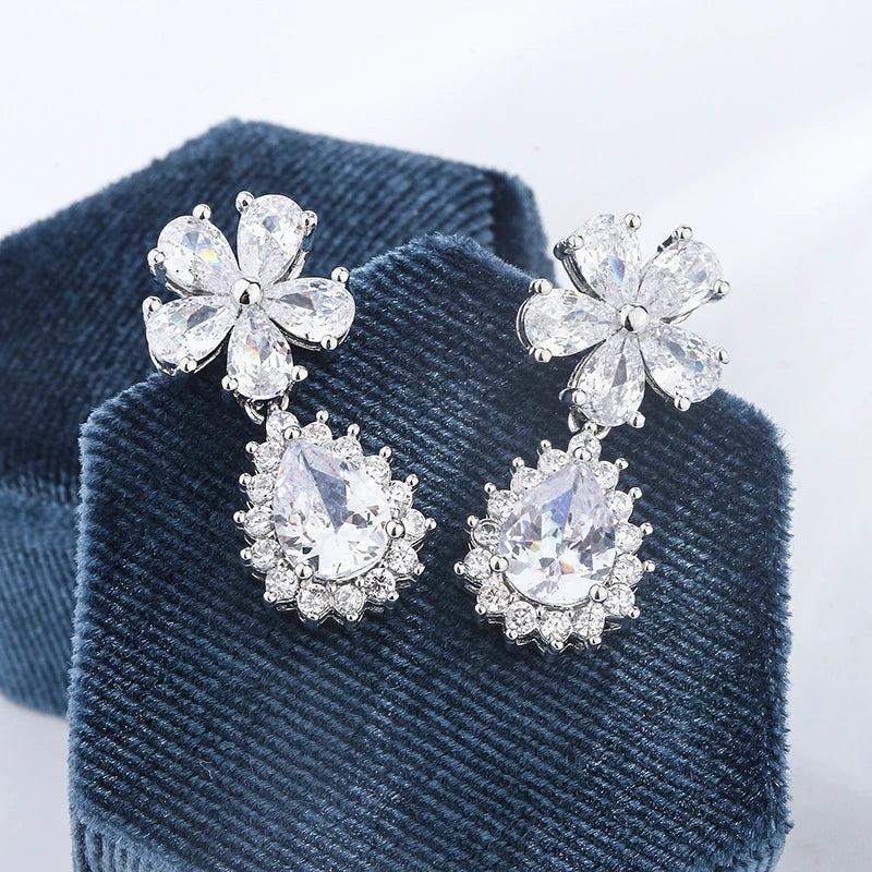 Double Flower Zircon Crystal Pendant Earrings