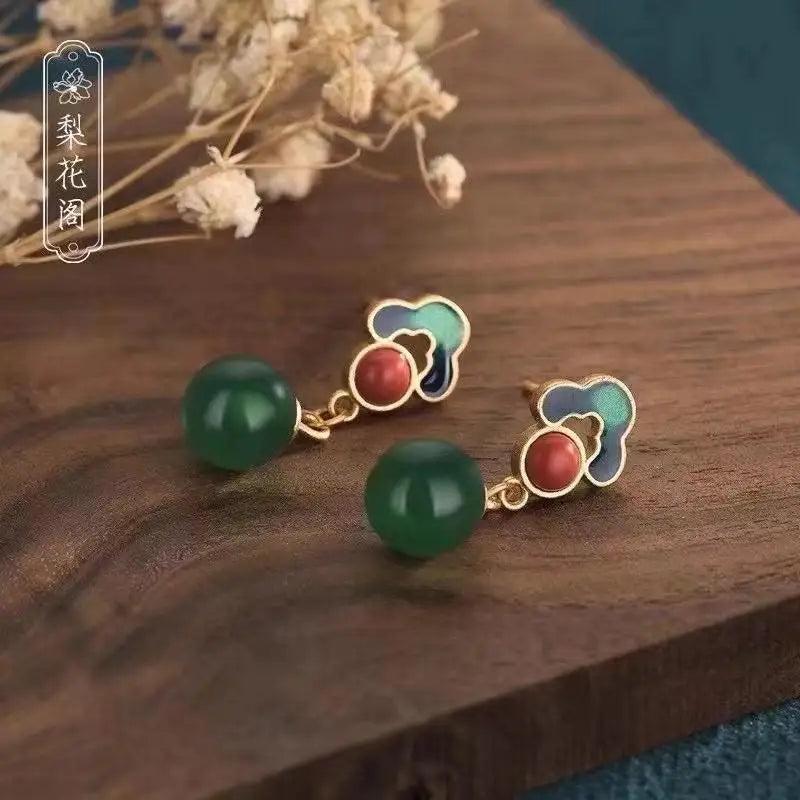 Enamel Green Jade Round Bead Dangle Earrings Women Fine Jewelry