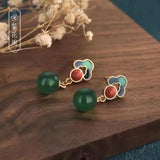 Enamel Green Jade Round Bead Dangle Earrings Women Fine Jewelry