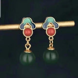 Enamel Green Jade Round Bead Dangle Earrings Women Fine Jewelry