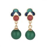 Enamel Green Jade Round Bead Dangle Earrings Women Fine Jewelry