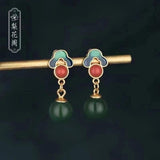 Enamel Green Jade Round Bead Dangle Earrings Women Fine Jewelry