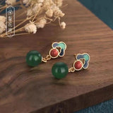 Enamel Green Jade Round Bead Dangle Earrings Women Fine Jewelry