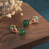 Enamel Green Jade Round Bead Dangle Earrings Women Fine Jewelry
