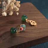 Enamel Green Jade Round Bead Dangle Earrings Women Fine Jewelry