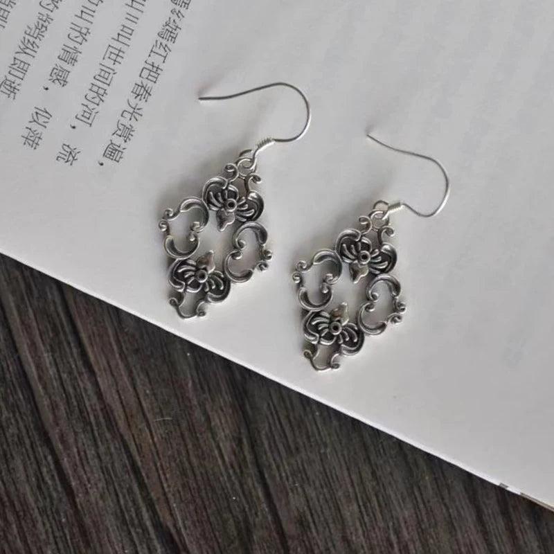 Thai Silver Geometric Texture Ethnic Earrings for Women