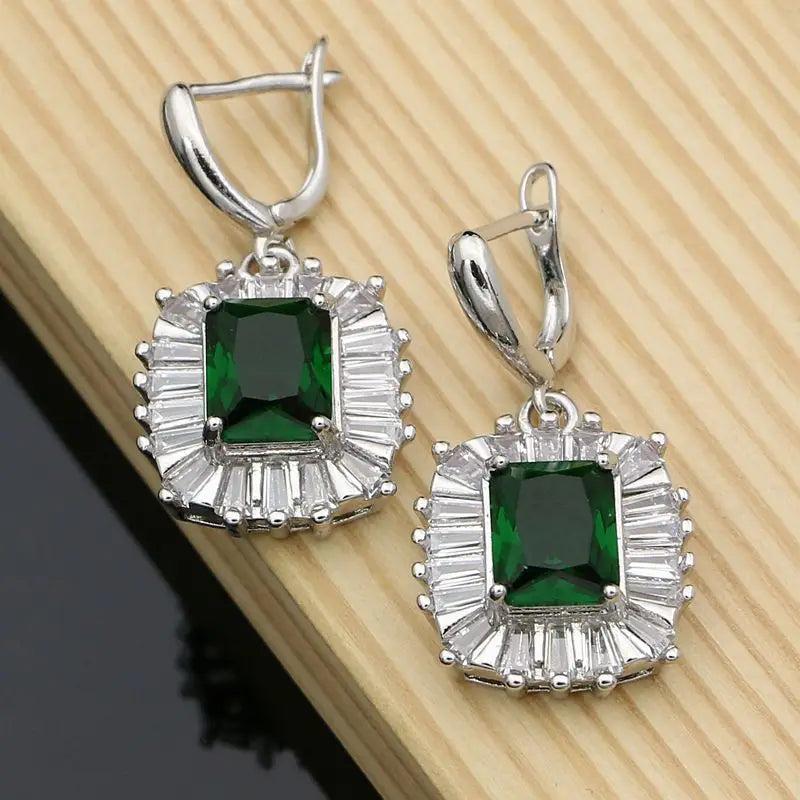 Bohemia 925 Silver Earrings Green CZ Crystal Round Stone Jewelry