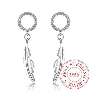 925 Silver Crystal Feather Drop Earrings for Women