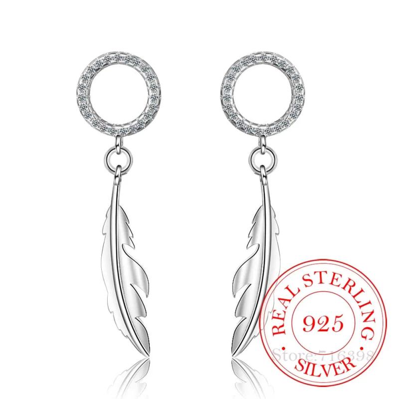 925 Silver Crystal Feather Drop Earrings for Women