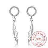 925 Silver Crystal Feather Drop Earrings for Women