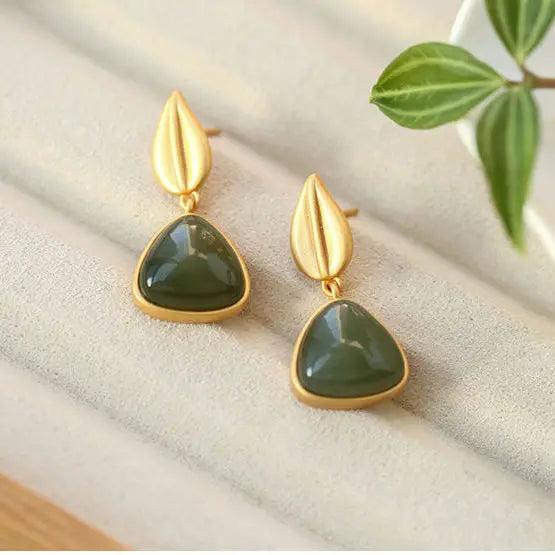 Silver Inlaid Hetian Chalcedony Earrings Retro Geometric Leaves Women's Jewelry