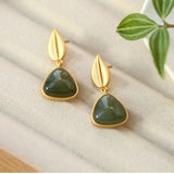 Silver Inlaid Hetian Chalcedony Earrings Retro Geometric Leaves Women's Jewelry