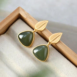 Silver Inlaid Hetian Chalcedony Earrings Retro Geometric Leaves Women's Jewelry