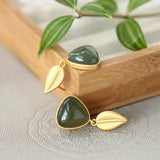 Silver Inlaid Hetian Chalcedony Earrings Retro Geometric Leaves Women's Jewelry