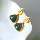 Silver Inlaid Hetian Chalcedony Earrings Retro Geometric Leaves Women's Jewelry