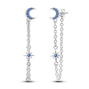 Sterling Silver Moon & Star Long Drop Earrings for Women - Christmas Gift