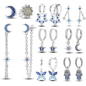 Sterling Silver Moon & Star Long Drop Earrings for Women - Christmas Gift