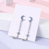 Sterling Silver Moon & Star Long Drop Earrings for Women - Christmas Gift