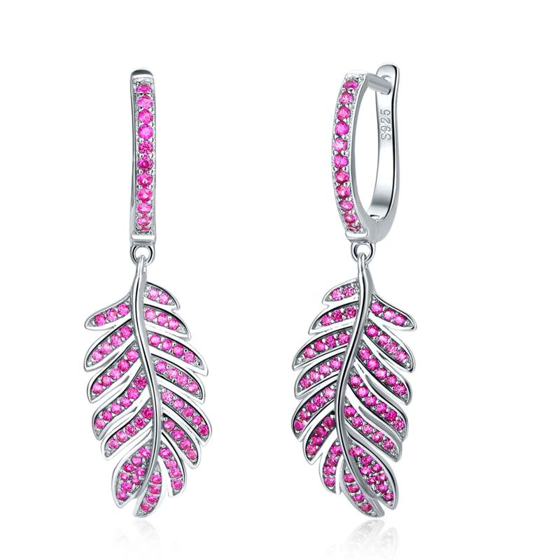 925 Silver Feather Earrings Ruby Spinel Dangle Leaves Ear Studs Women Girls