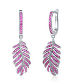 925 Silver Feather Earrings Ruby Spinel Dangle Leaves Ear Studs Women Girls