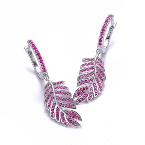 925 Silver Feather Earrings Ruby Spinel Dangle Leaves Ear Studs Women Girls