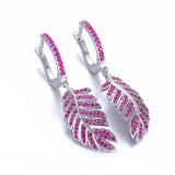 925 Silver Feather Earrings Ruby Spinel Dangle Leaves Ear Studs Women Girls