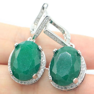 Big Oval Gemstone Red Ruby Green Emerald Sapphire Silver Earrings