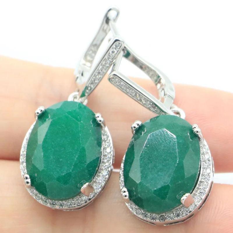 Big Oval Gemstone Red Ruby Green Emerald Sapphire Silver Earrings