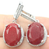Big Oval Gemstone Red Ruby Green Emerald Sapphire Silver Earrings