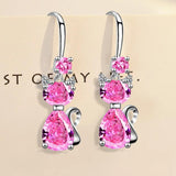 Silver Cat Drop Earrings for Women Girl
