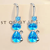 Silver Cat Drop Earrings for Women Girl