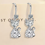Silver Cat Drop Earrings for Women Girl
