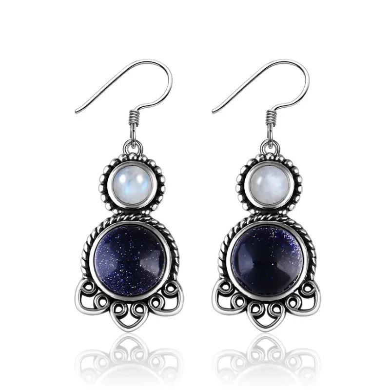 Moonstone Sandstone Round Earrings 925 Sterling Silver Women's Jewelry